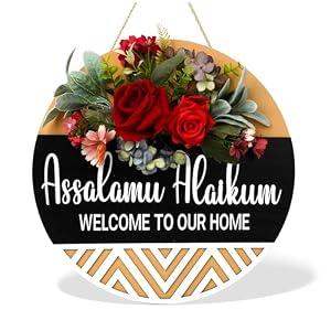 Dazingart Ramadan Mubarak Wreaths for Front Door, Assalamu Alaikum Salam Door Sign with Artificial Red Roses, Islamic Eid Mubarak Decorations for Muslim Party Wall Decor Home (Red)