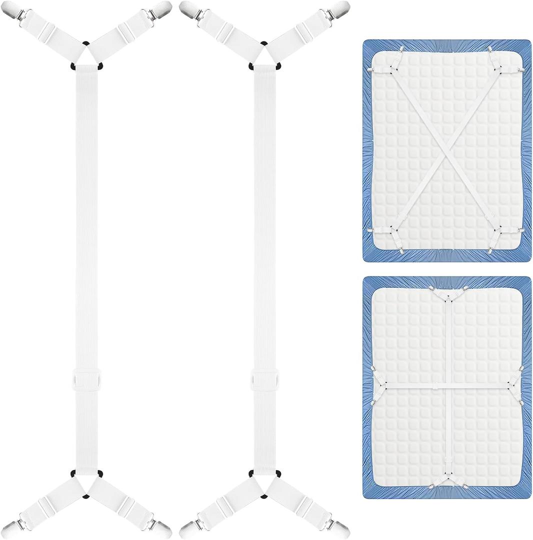 Morcheiong 2 Pack Bed Sheet Fasteners Straps Adjustable Bed Sheet Holder Bands with Sheet Clips for Bedding Stays Bedsheet Tie Downs - White