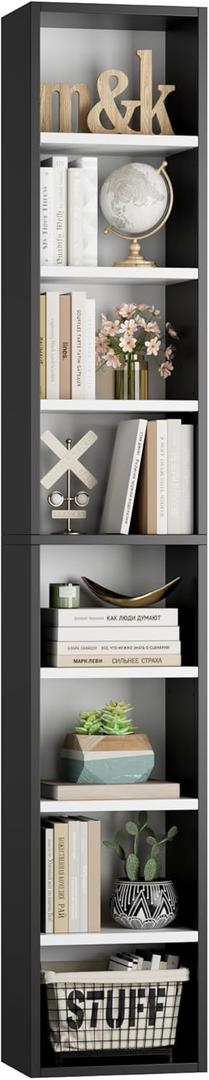 FOTOSOK 8-Tier Media Tower Rack, 11.6 X 9.3 X 71 Inches CD DVD Slim Storage Cabinet with Adjustable Shelves, Tall Narrow Bookcase Display Bookshelf for Home Office, Black/White