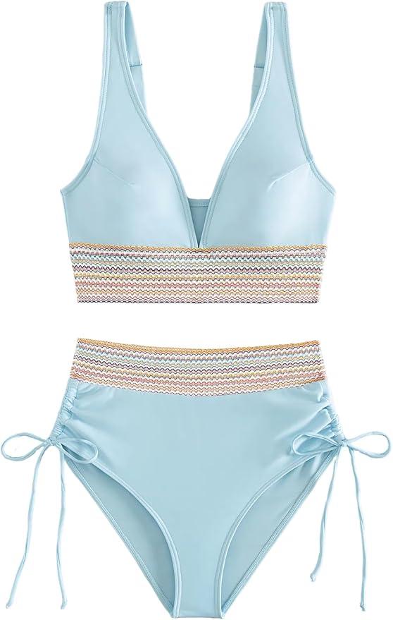 Women High Waisted Bikini Sets Two Piece Swimsuit Tummy Control Color Block Drawstring Bathing Suit, size : 4XL