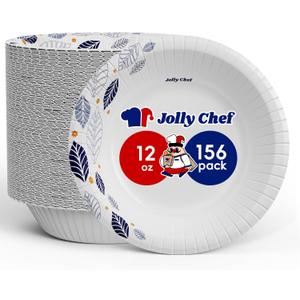 JOLLY CHEF 156 Count Paper Bowls with Leaf Floral Print 12 OZ Disposable Bowls Bulk, Heavy-duty Bowls Perfect for or Parties,Picnics,and Everyday Use