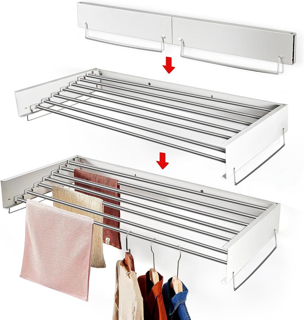 Heshecein Wall Mounted Drying Rack,Collapsible Drying Racks for Laundry,7 Stainless Steel Rods,Folding Indoor/Outdoor Drying Rack Clothing,Collapsible Laundry Drying Rack,47 Wide, 47.2 inch