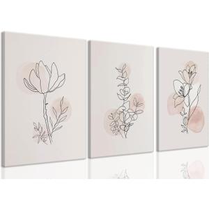 PhexlyArt 3 Piece Boho Floral Line Canvas Wall Art Abstract Botanical Wall Art Neutral Botanical Pictures Wall Decor Minimalist Flowers Line Art Prints for Living Room Bedroom Nursery 16"x24"