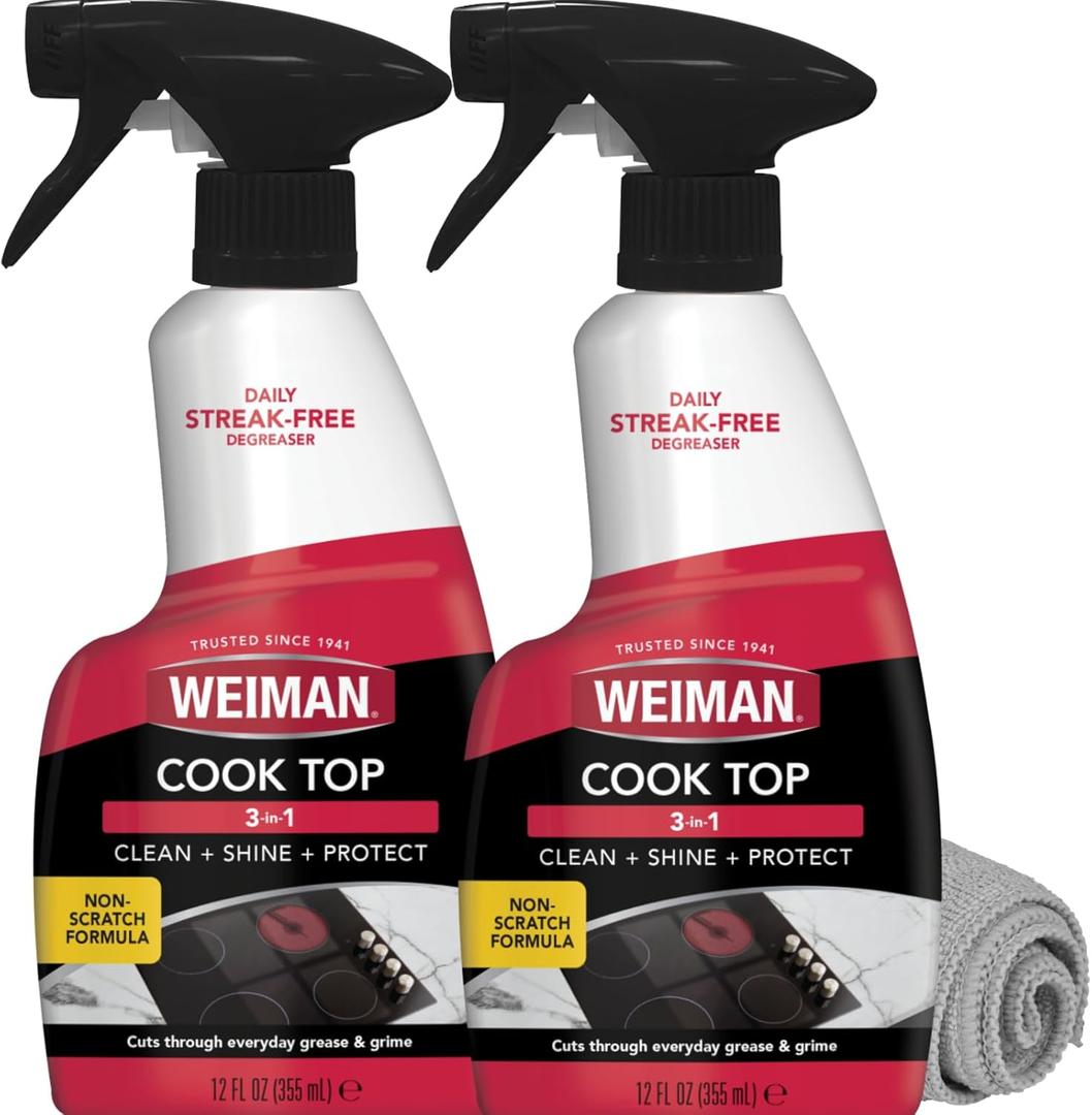 Weiman Cooktop Daily Cleaner & Polish For Ceramic; Glass; Induction Stovetops with Micro Fiber Buffing Towel Included; 12 oz 2 Pack