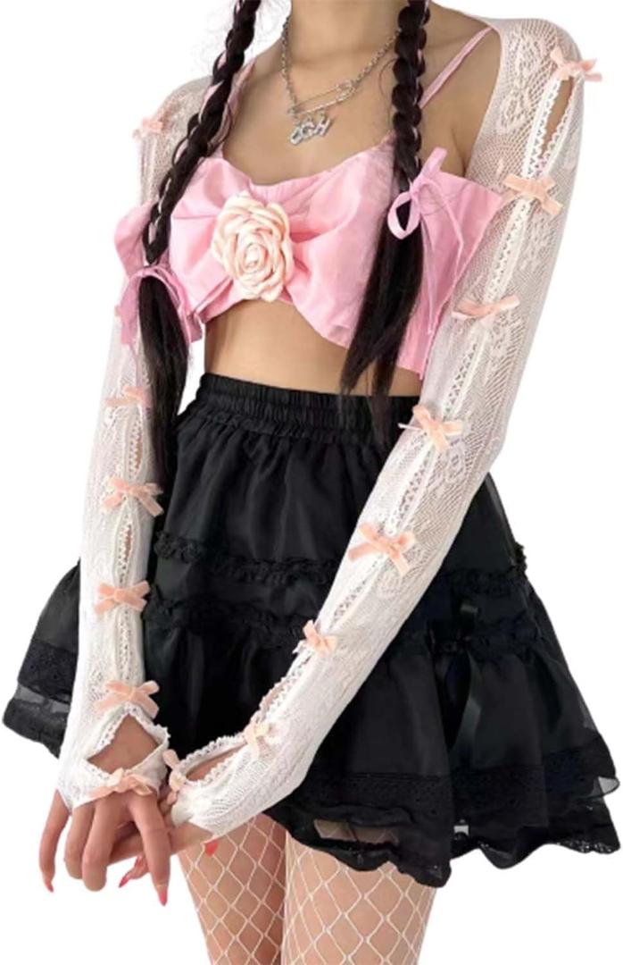 Women's Mesh Lace Shrug Crop Top Y2K Aesthetic Arm Sleeves Cardigan with Bow Grunge Cute Fairycore Accessories (Pink)