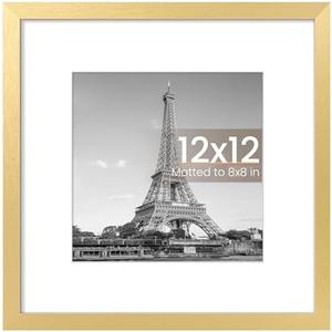 upsimples 12x12 Picture Frame, Display Pictures 8x8 with Mat or 12 x 12 Without, Wall Hanging Square Frames, Gold, 1 Pack