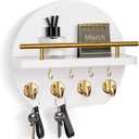 Nekon Key Holder for Wall - 9.8 Inch Apartment Wall Decor with Shelf and 8 Key Hooks, Circular Wood Key Hanger for Home Decor (White with Golden Hooks)
