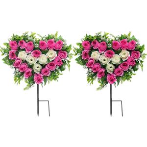 Lodou 2 Sets Artificial Cemetery Flowers, Grave Memorial Flowers with Ground Spike,Heart Shaped Wreaths Rose Flowers for Artificial Rose Decoration for Cemetery Headstones Gravesites (Pink)