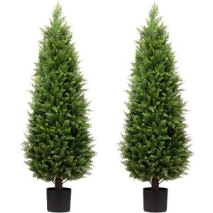 4ft Artificial Cedar Trees Artificial Topiary Trees Set of 2 Faux Cypress Plants UV Resistant Potted Bushes Faux Shrubs for Outdoor Indoor Front Porch Garden