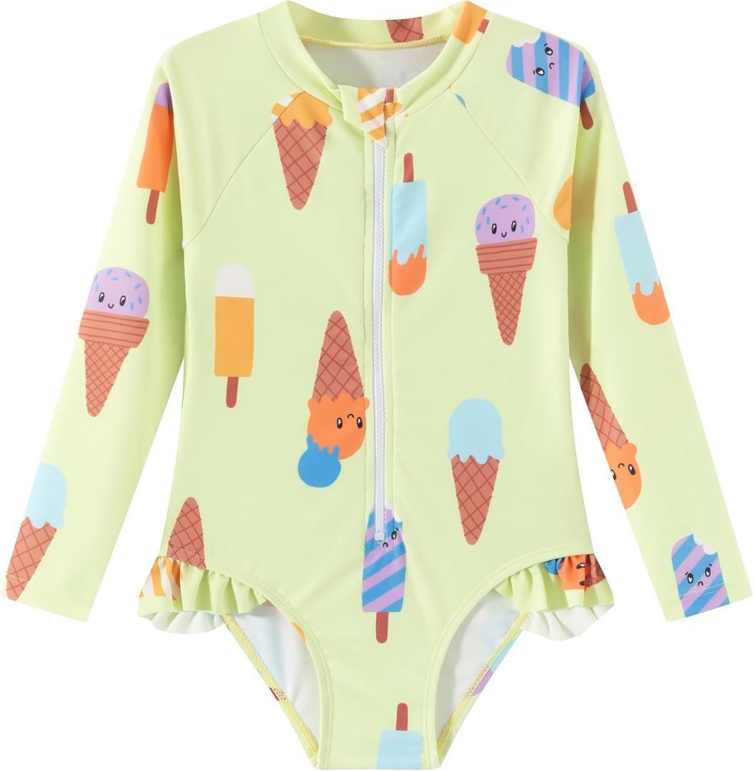 LIZENS Girls' One-Piece Swimwear Rash Guard Swimsuit Zipper Bathing Suits Long Sleeve Ruffle Girl Full Cover Flower Print