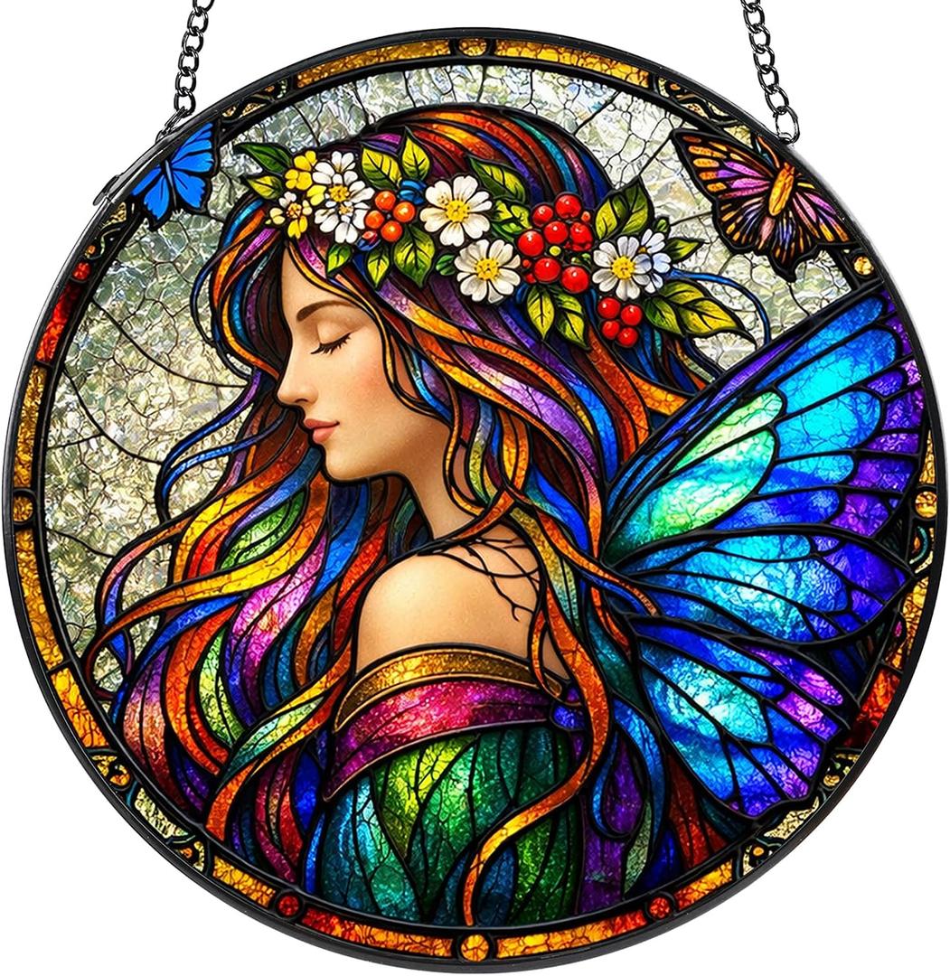 Fairy Butterfly Stained Glass Suncatcher, 8 Inch | Stained glass window hanging for indoor decor, Gift for family, friends, faith or nature lovers