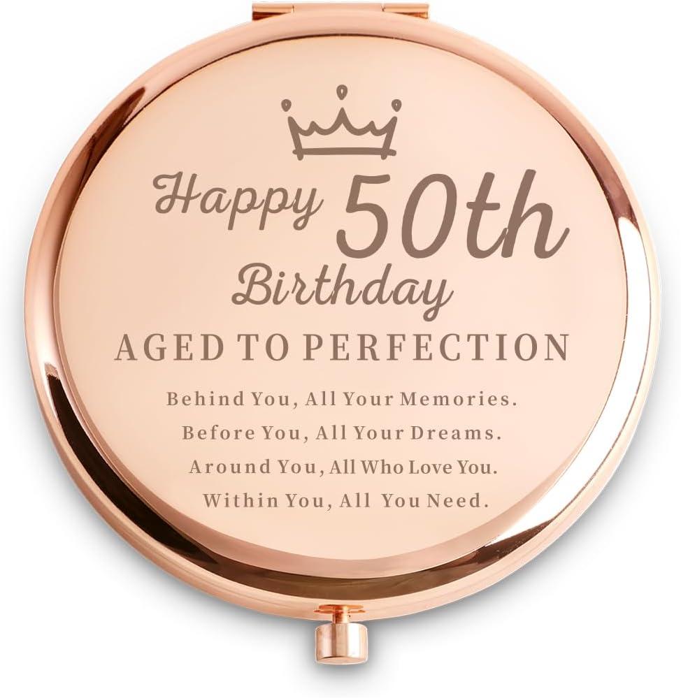 50th Birthday Gifts for Women, Unique Female Presents for 50 Year Old, Personalized Engraved Compact Mirror Gift Ideas for Her Sister Wife Aunt Friends Mom