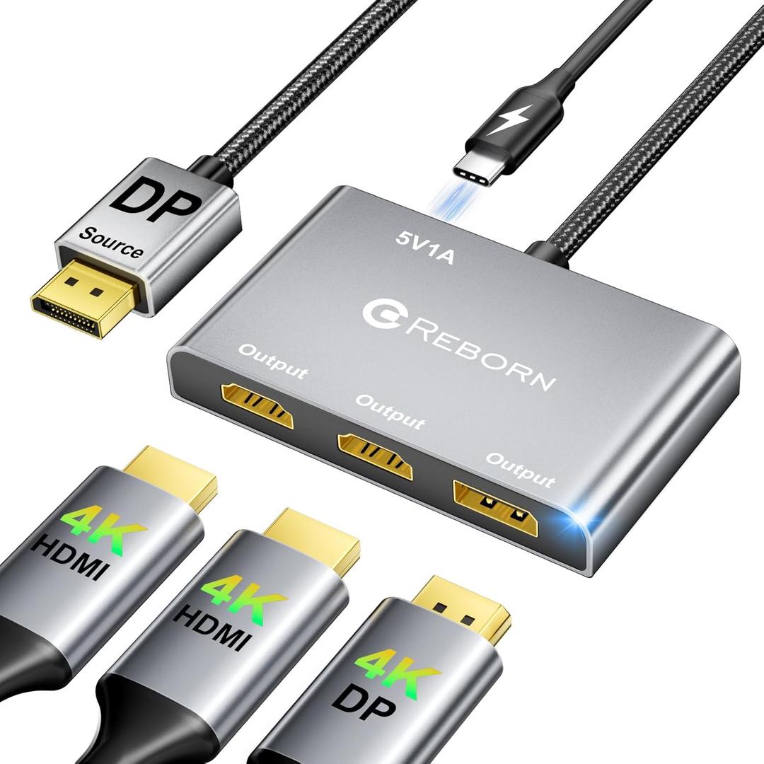 Reborn DisplayPort to Dual HDMI Splitter and DP Adapter 4K@60Hz, DP Source to 2 HDMI and DisplayPort Adapter 1 in 3 Out Splitter Extended Display with PC, Graphics Card, Lenovo, HP and More