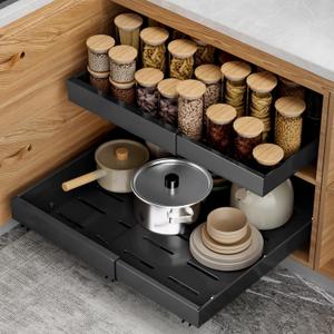 Pull Out Cabinet Organizer, Black, Expandable 12.6-20.5 Inch Width, 16.5 Inch Deep, Kitchen Storage Shelf with Adhesive or Screw Mount, 2-Pack
