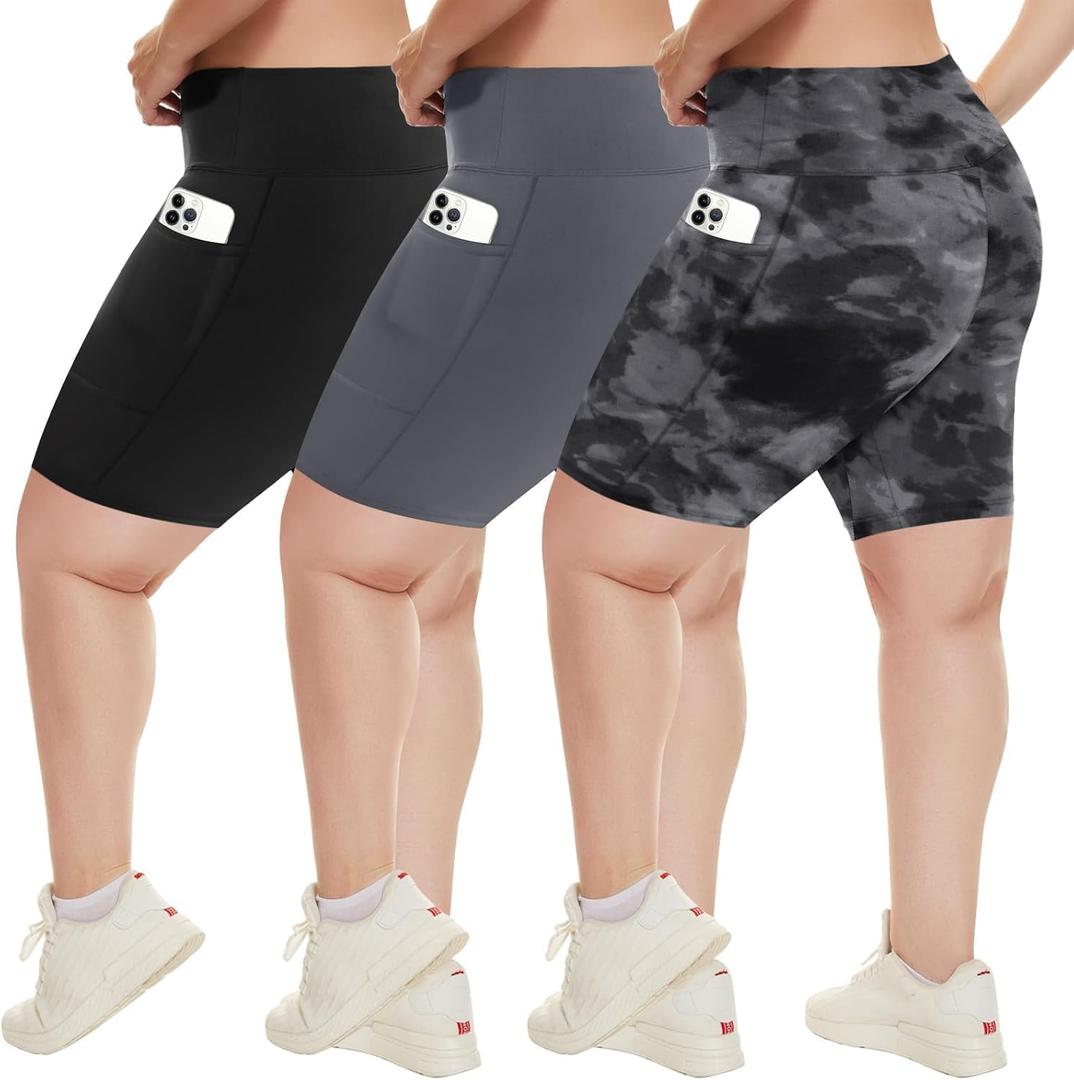 HLTPRO 3 Pack Plus Size Biker Shorts with Pockets for Women (S-4XL)- 8"/5"/3" High Waist Tummy Control Shorts for Yoga (XX-Large, Black/Gray/Black Tie Dye)