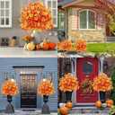 Set of 2 Fall Artificial Boxwood Topiary Trees Fake Mums Fall Flowers Shrubs Bushes Plants with Ground Spike Faux Fall Artificial Tree with Autumn Elements Artificial Flower Topiary for Indoor Outdoor