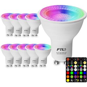 FTL GU10 LED Color Changing Light Bulb with Remote Control, RGB Dimmable Colored Light Bulbs 5W 40W Equivalent, 2700K-6000K 30 Colors, Timer, Spotlight Bulb for Track Recessed Lighting 10-Pack