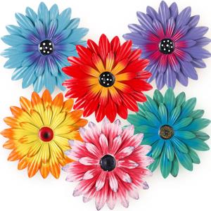 Zhehao 6 Pcs Metal Flower Wall Art Decor 8 Inch Sunflower Wall Decorations Hanging Outdoor Art Multicolored Handmade Metal Flowers Outdoor Decor(Cute Color)