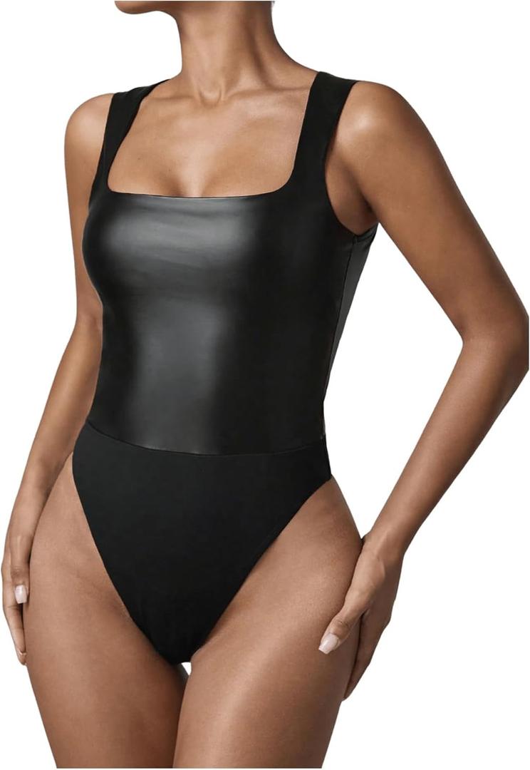 WDIRARA Women's PU Leather Bodysuit Tank Tops Square Neck Sleeveless Slim Fit Leotard Top (Black, S)