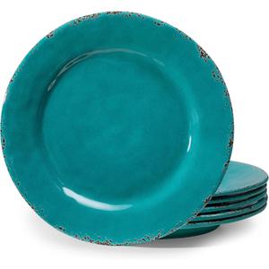 Dinner Plates, 6 Piece Vintage Melamine dinnerware Set, 11-inch Melamine Salad/Dessert Plates, Set of 6, Outdoor Pasta Plates or Shallow Bowl for Patio and Everyday Use, Teal