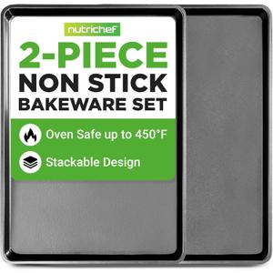NutriChef 2-Piece XL Mega Cookie Sheet Baking Pans Set - 22" x 16" Extra Large Nonstick Carbon Steel Oven Baking Tray Pans, Stackable Bakeware, Black - NCLGBP16