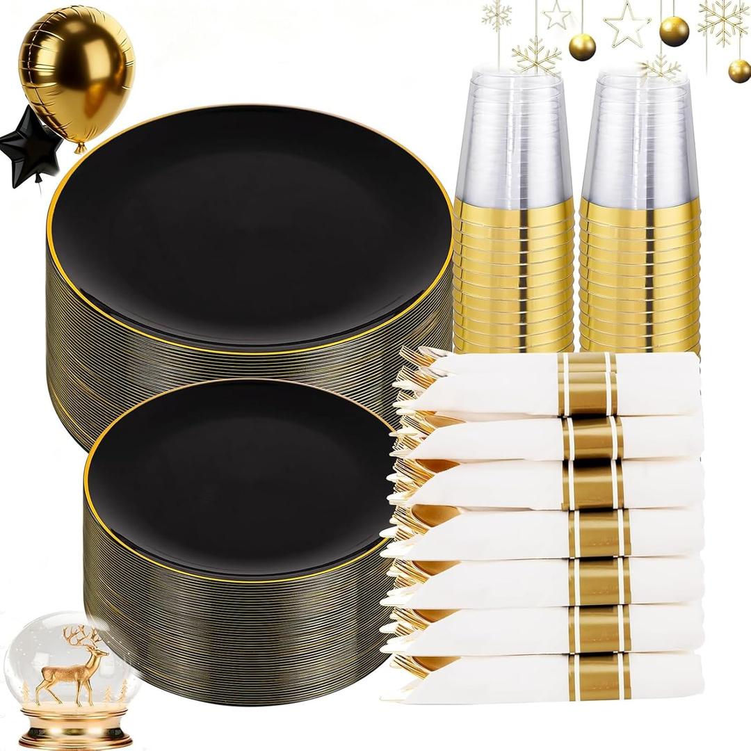 KIRE 350 PCS Plastic Dinnerware Set for 50 Guests - Black and Gold Plates 50 for Dinner 50 for Dessert & 50 Pre Rolled Napkins with Disposable Silverware 50 Cups for New Year/Banquet/Wedding