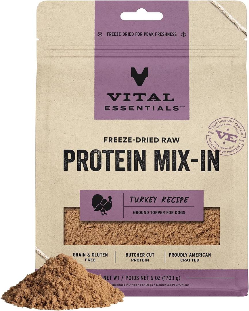 Vital Essentials Freeze Dried Dog Food Topper, Turkey, 6 oz Bag | Raw Ground Topper, Made With 99% Turkey, Organs & Bone, High Protein Raw Nutrition, Grain-Free Recipe (EXP 10/24/26)