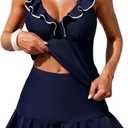 ZAFUL Women Tankini Swimsuits Ruffles Bathing Suit Swim Tank Top with Skirt | V-Neck Full Coverage 2 Piece Tankini Set (Blue, S)