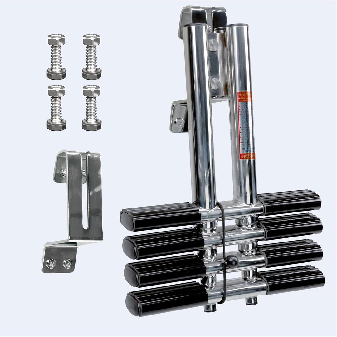 4 Step Boat Ladder, Stainless Steel Dive Boarding Ladders for Bass Fishing Boats, Heavy-Duty with Non-Slip Treads