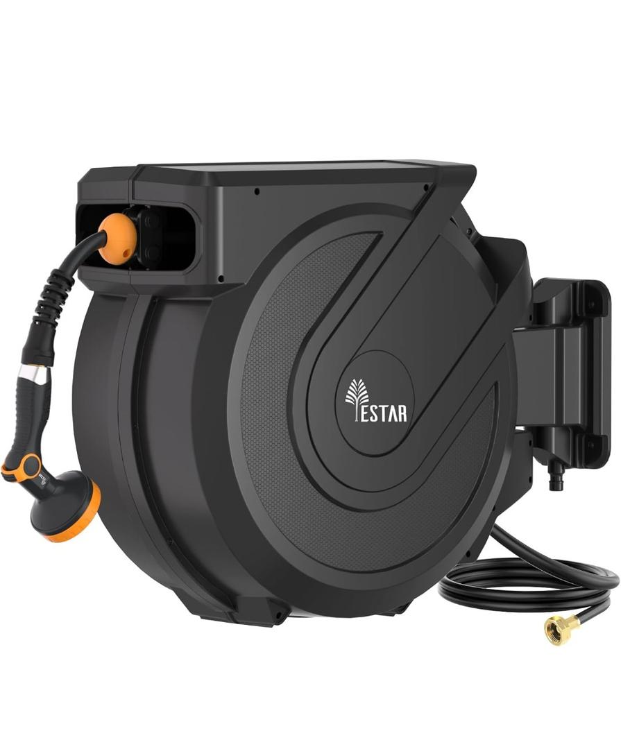 Retractable Garden Hose Reel 5/8 in x100 ft, Heavy Duty Wall Mounted Hose Reel with 10- Function Sprayer Nozzle, Any Length Lock/Automatic Slow Return System,180 Swivel Bracket
