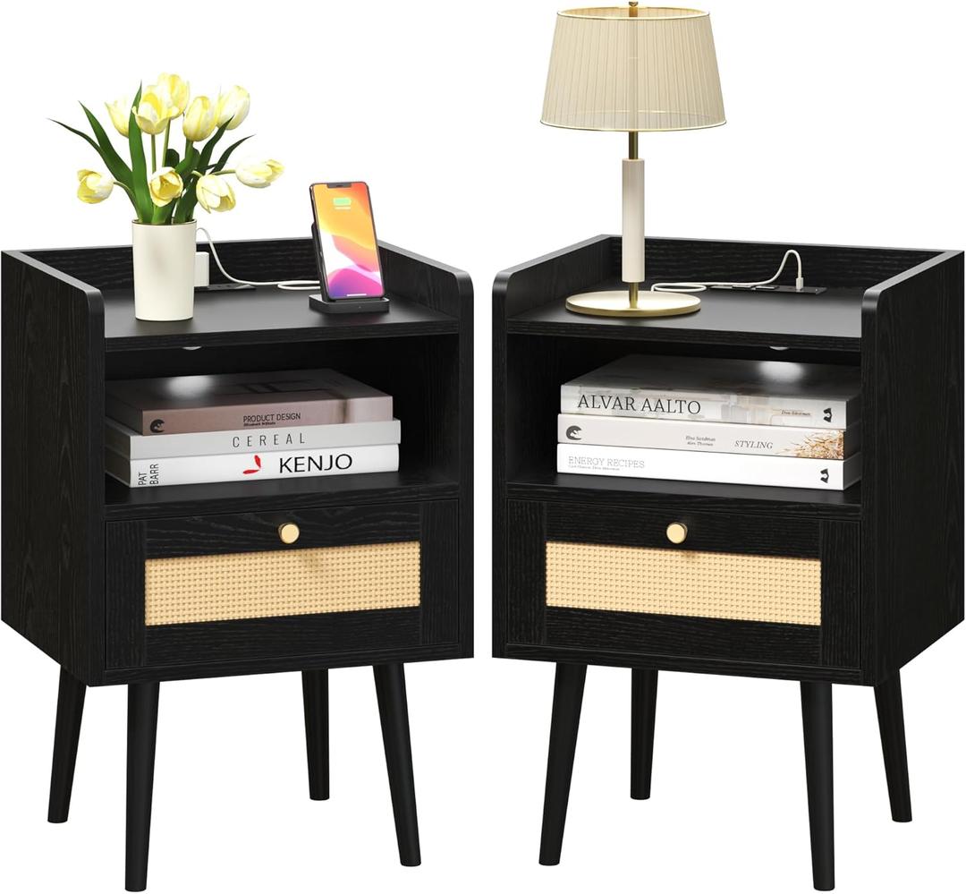 MECHYIN Night Stand Set 2, Nightstands Set of 2 with Charging Station, Rattan Side Tables with Solid Wood Legs, Boho Bedside End Table for Apartment Bedroom Dorm Small Space (11.8"d X 15.9"w X 23.4"h, Black)