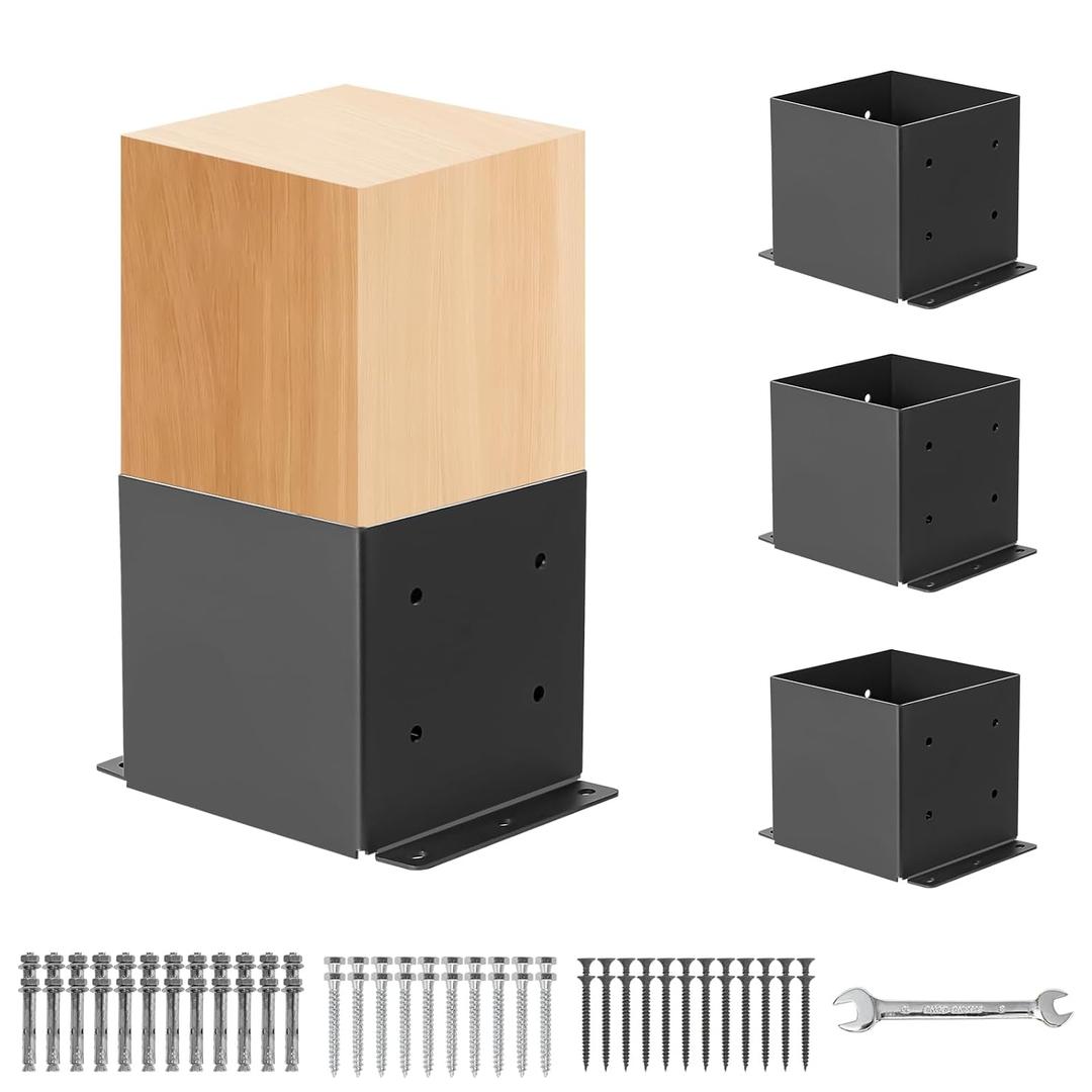 4 Pcs Post Base,Post Brackets(Actual 5.6"x 5.6"), Heavy Duty Black Metal Powder-Coated Thick Steel Post Anchor Outdoor for Support Deck Base Plate, Fence Kit,Mialbox Post Mount