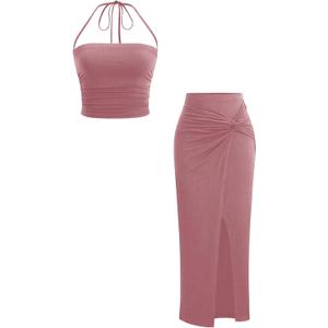 Verdusa Women's 2 Piece Vacation Outfits Ruched Crop Halter Top with Asymmetrical Slit Long Skirt Going Out Sets, X-Small