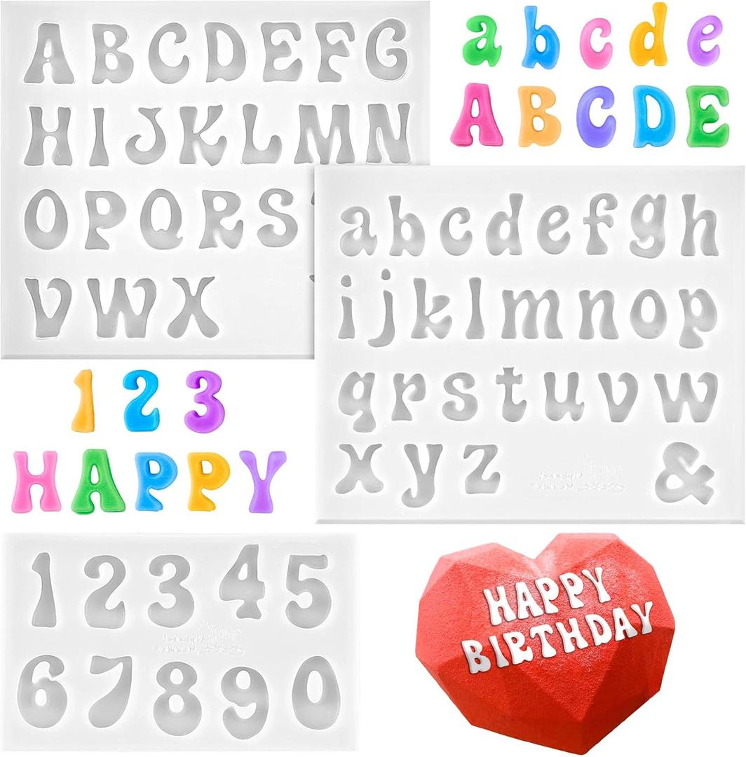 3 PCS Silicone Letter Molds, Non-Stick Number and Letter Fondant Molds for Chocolate, Candy, Cake Decoration, Cupcake Topper