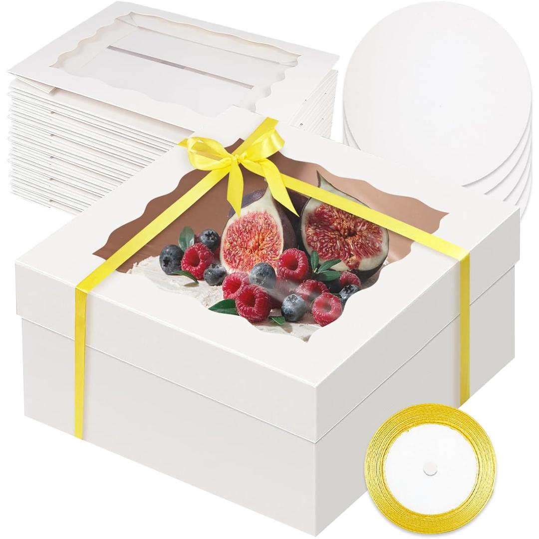 qiqee 12x12x6 Cake Box, 18 Sets White Cake Box with Window  18 Sets 12" White Cake Round Boards, 12inch Cake Containers, 10 Meters Gold Silk Ribbon