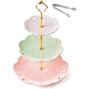 3-Tier Ceramic Serving Stand,Cake Stand-Dessert Stand-Cupcake Stand-Tea Party Serving Platter (3 Color-Gold)