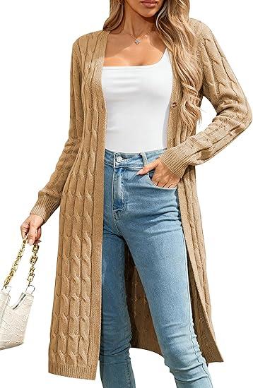 Cakulo Womens Long Cardigans Cable Knit Chunky Cardigan Sweaters Open Front Fall Winter Fashion Outfits Coats 2025 Brown S