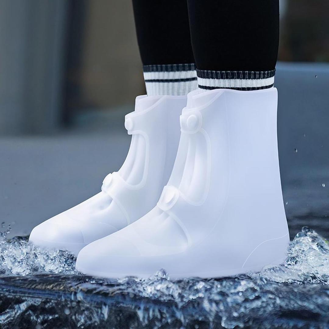 Waterproof Rain Shoe Covers Rubber Shoe Boot Covers Not-Slip Reusable Rain Shoe Protectors Galoshes Overshoes for Man and Women Sand Control Rain Snow (XL, White)