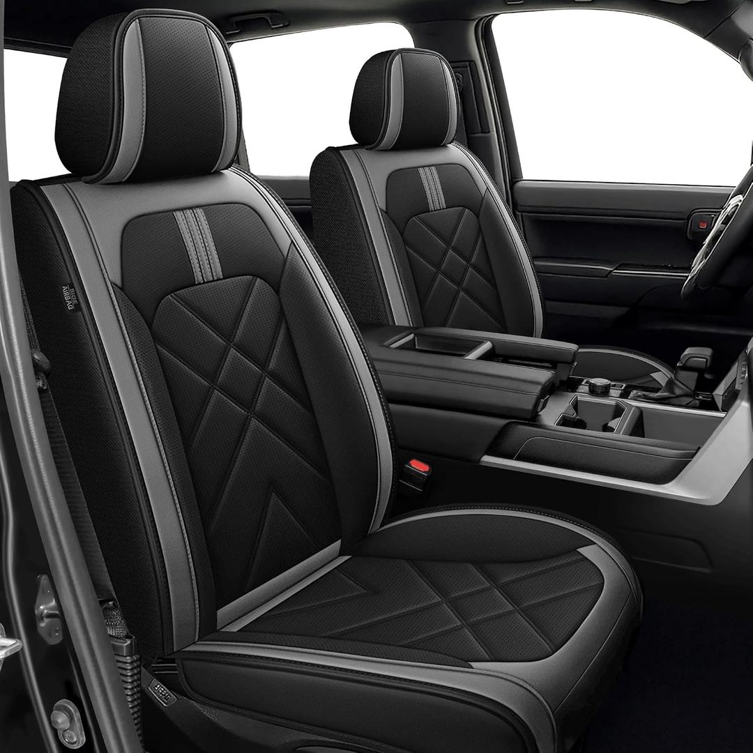 AOMSAZTO Seat Covers Custom Fit for 2022-2025 2026 Toyota Tundra Crewmax Double Cab Breathable Leather Truck Car Seat Covers Full Set (Black&Grey)