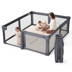 Baby Playpen Portable, Pre-Assembled Play Pen 71x79 Large Foldable Playpen for Babies and Toddlers, Sturdy and Safe Toddler Play Yard Indoor Outdoor with Carry Bag,Dark Grey