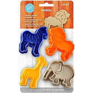R&M Animal Collection Pastry & Cookie Cutter set of 4. Assorted Designs and Colors, Zebra, Lion, Giraffe, Elephant. 2 Inches Assorted Plastic Cookie Cutters