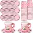 Nuogo 200 Pcs Floral Paper Tea Cups and Saucers 7 oz Disposable Paper Teacups with Handle and Plates for Tea Party Decoration Wedding Birthday Baby Shower Bridal Mother's Day, Serve 100(Pink)