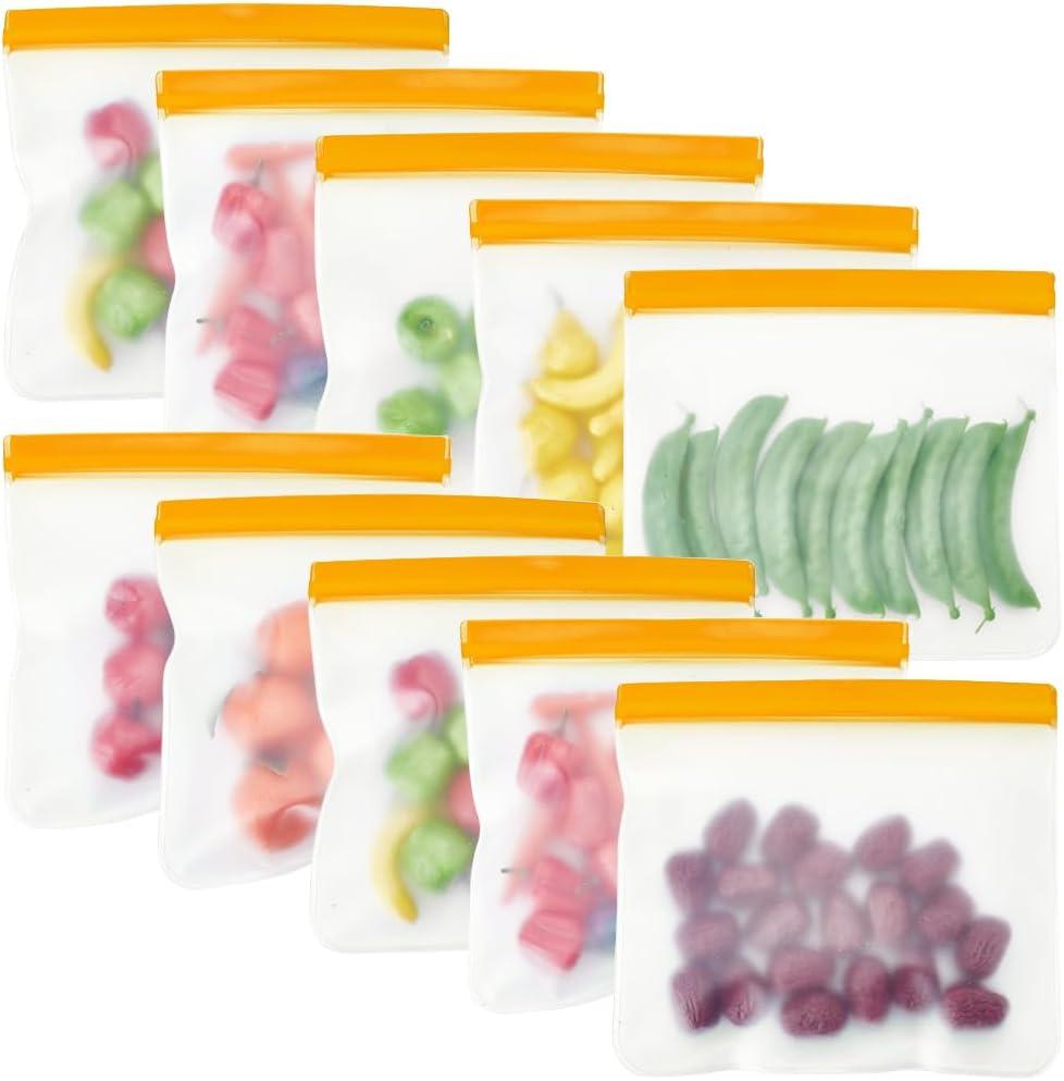 CREATCABIN 10 Packs Dishwasher Safe Reusable Food Storage Bags Washable Reusable Freezer Bags Reusable Lunch Bags for Salad Sandwich Fruit Travel Meats Food Storage Kitchen 7.87x8.66 Inch Orange