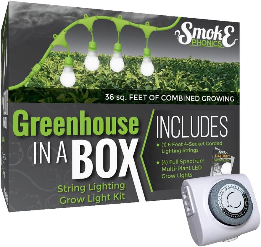 Miracle LED Greenhouse in a Box Grow Kit - Includes 4 Smokephonics Full Spectrum 150W Replacement Grow Light Bulbs & 1 4-Socket Corded Fixture with SproutMatic Grow Light Timer