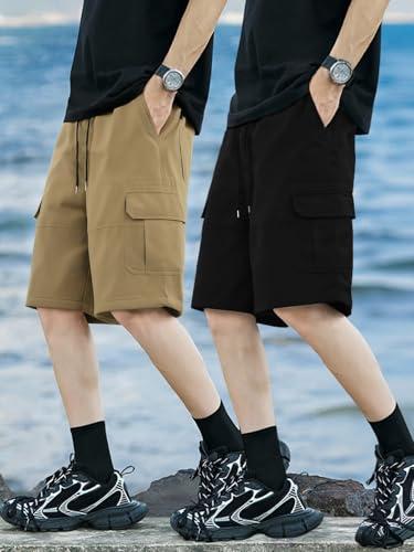 2PCS Men's Cargo Shorts with Drawstring Elastic Waist & Multiple Pockets, Casual Workwear Shorts for Young Men L