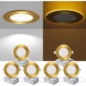 ZYC Recessed Lighting 4 Inch - 9W 800LM LED Recessed Ceiling Light with Night Light,2700K/3000K/4000K/5000K/6000K Selectable Ultra-Thin Lighting,Dimmable Canless Wafer Downlight,Pack of 6Gold. (4inch || 6PACK)