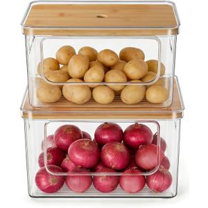 Hudgan Pantry Organizers and Storage with Straight Side, 2 Set Stackable Bin with Open Front for Onion,Potato,Garlic,Fruit, Clear Storage Bin with Bamboo Lid for Kitchen Cabinet, Countertop, Bathroom