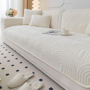 vctops Velvet Plush Couch Sofa Cover Geometric Quilted Sectional Couch Covers Non Slip Fluffy Soft Sofa Slipcover for Dogs, Children, Pets Furniture Protector (Cream,28"x28")