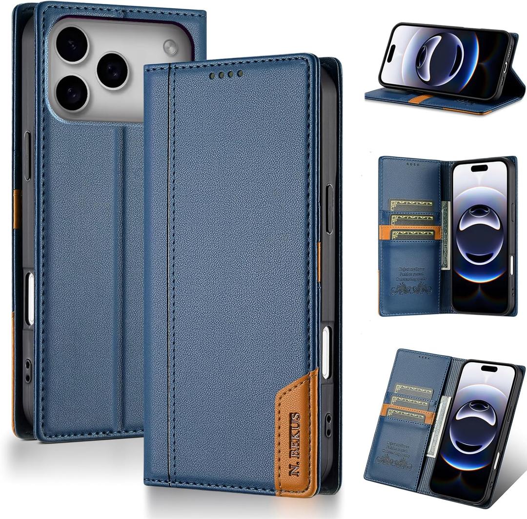 Wallet Case for iPhone 17 Pro Max 6.9", Faux Leather Phone Case with 3 Card Slots, Magnetic Wallet Compartment, RFID Blocking, Kickstand, Shockproof Protective Cover for Men Women - Blue