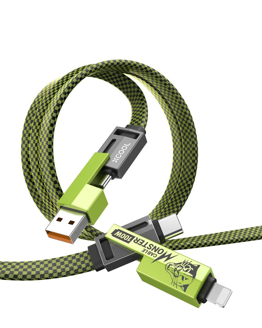 XCOOL USB C Cable, 4-in-1 USB-C Cable (3ft), 100W C to C Cable Fast Charging with Hook-and-Loop Fastener and Cable Management, Universal Charging Cable for iPad, MacBook, iPhone, Samsung, Green